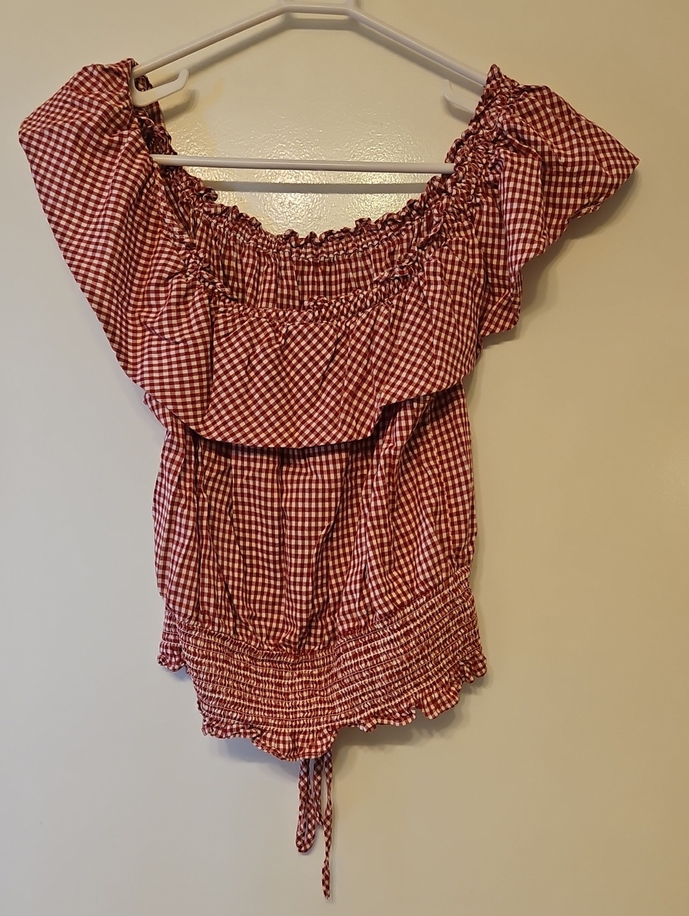 American Rag Red Gingham Off-Shoulder Ruffle Camisole, Cropped - Picture 3 of 4
